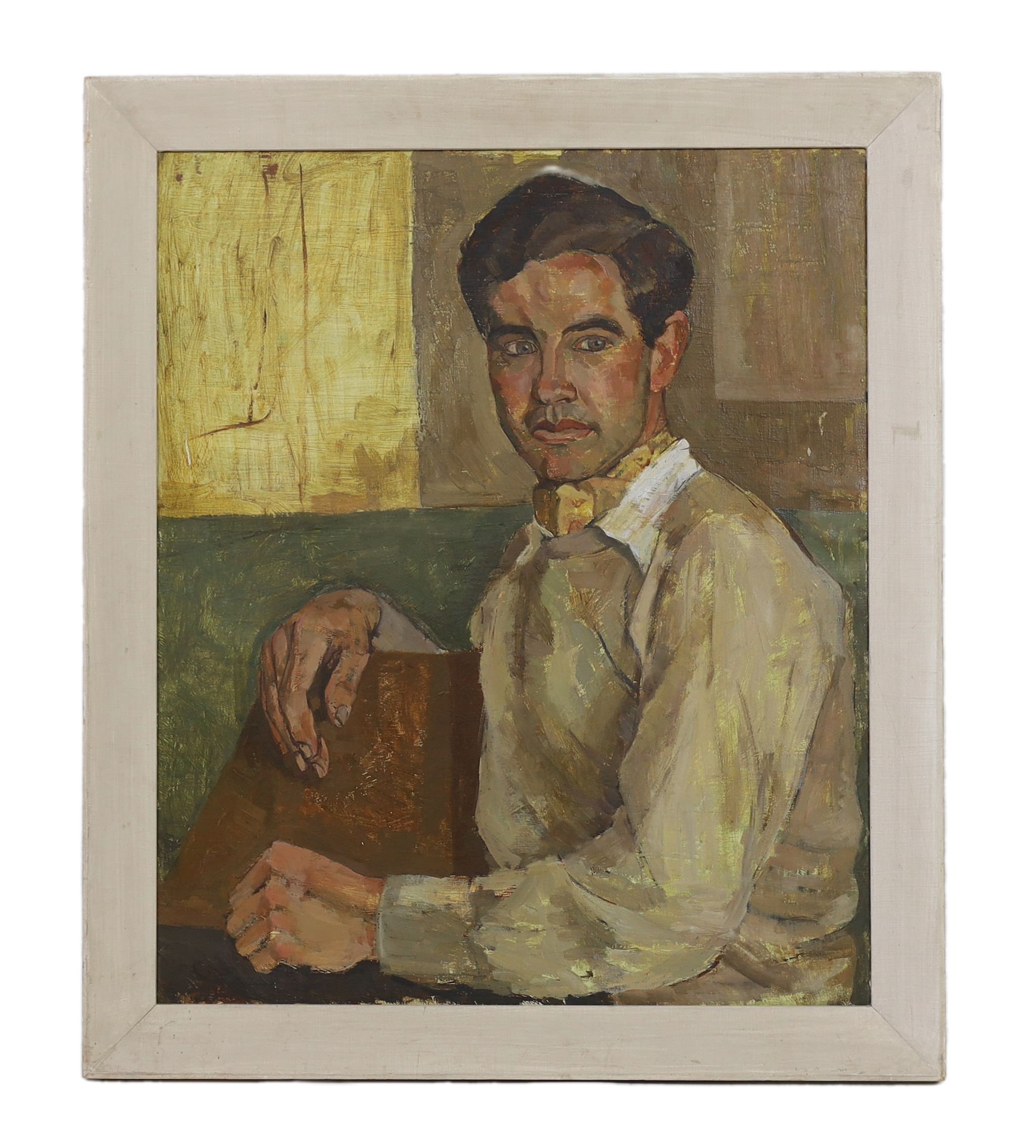 Modern British , Half length portrait of a young man, oil on canvas, 60 x 50cm